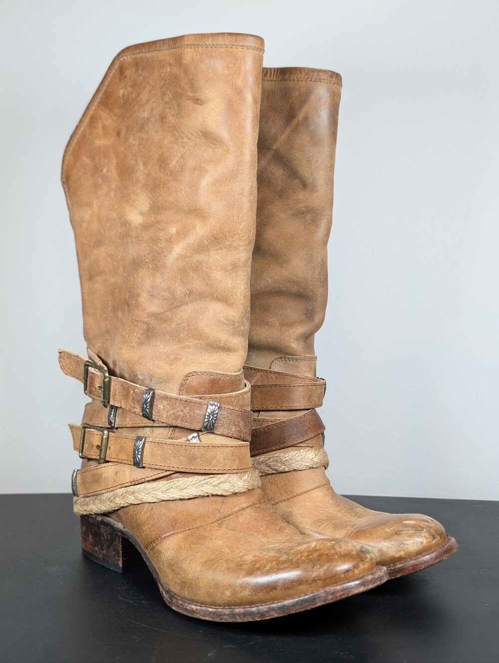 Freebird by Steven Drover Tan Distressed Leather Strappy Western Boots Womens 8